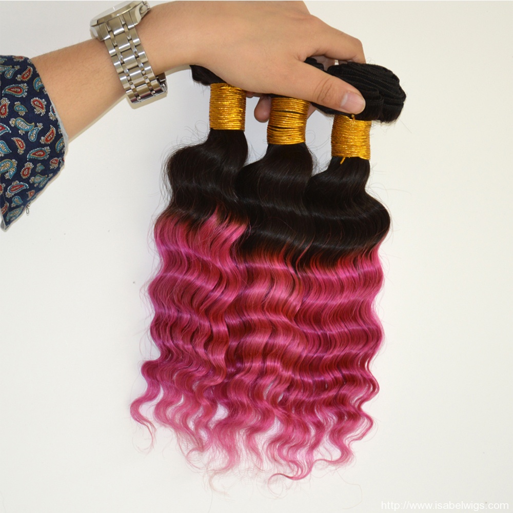 Silver Grade Human Hair Bundles Ombre #1B Pink Hair Deep Curly Human Hair Extensions
