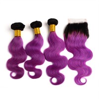 Silver Virgin Grade Ombre Human Hair Bundles With Closure #1B Purple Color Hair Body Wave Human Hair Extensions