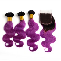 Silver Virgin Grade Ombre Human Hair Bundles With Closure #1B Purple Color Hair Body Wave Human Hair Extensions