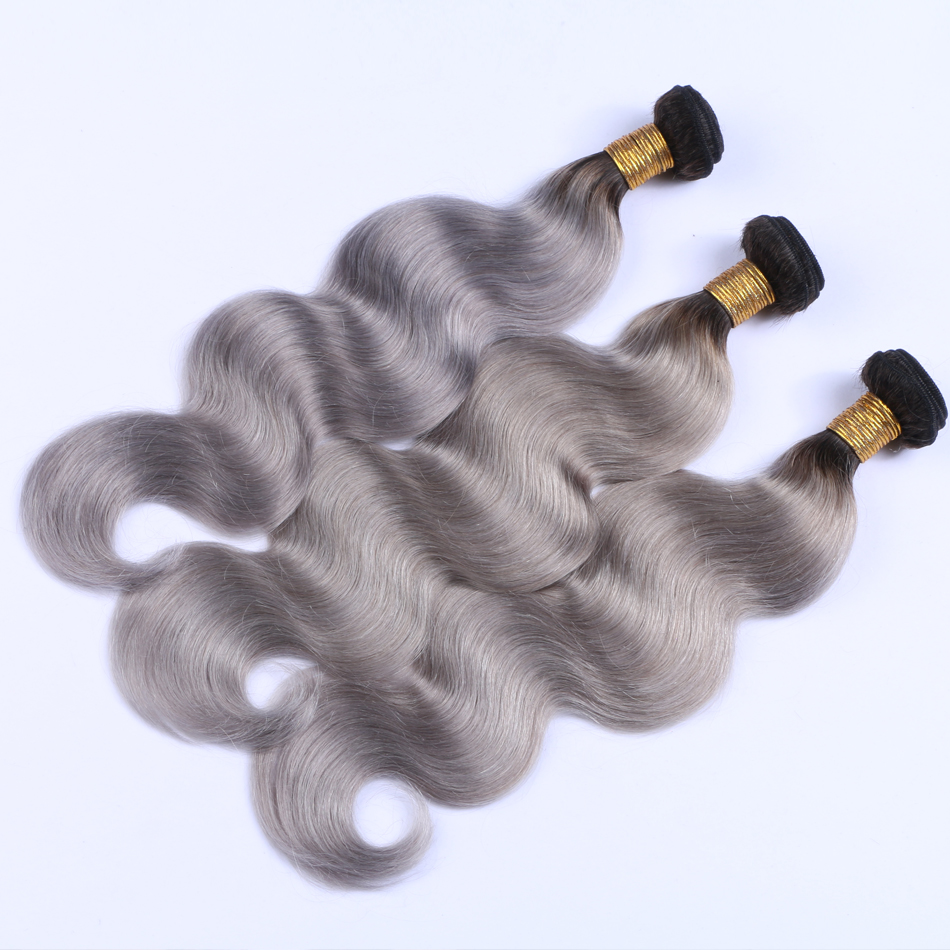 Gold Virgin Grade Ombre Human Hair Weft #1B Grey Ombre Hair Body Wave hair Extension 100% Unproceessed European Hair Bundles