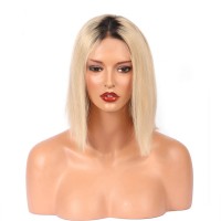 Ombre Blonde Full Lace Human Hair Wigs For Black Women 130% Density Silky Straight T1B/613 Short Bob Lace Wigs