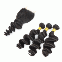 Silver Virgin Grade Brazilian Human Hair Weft With Closure Loose Wave Human Ha1ir Bundles With Lace Closure