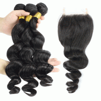 Silver Virgin Grade Brazilian Human Hair Weft With Closure Loose Wave Human Ha1ir Bundles With Lace Closure