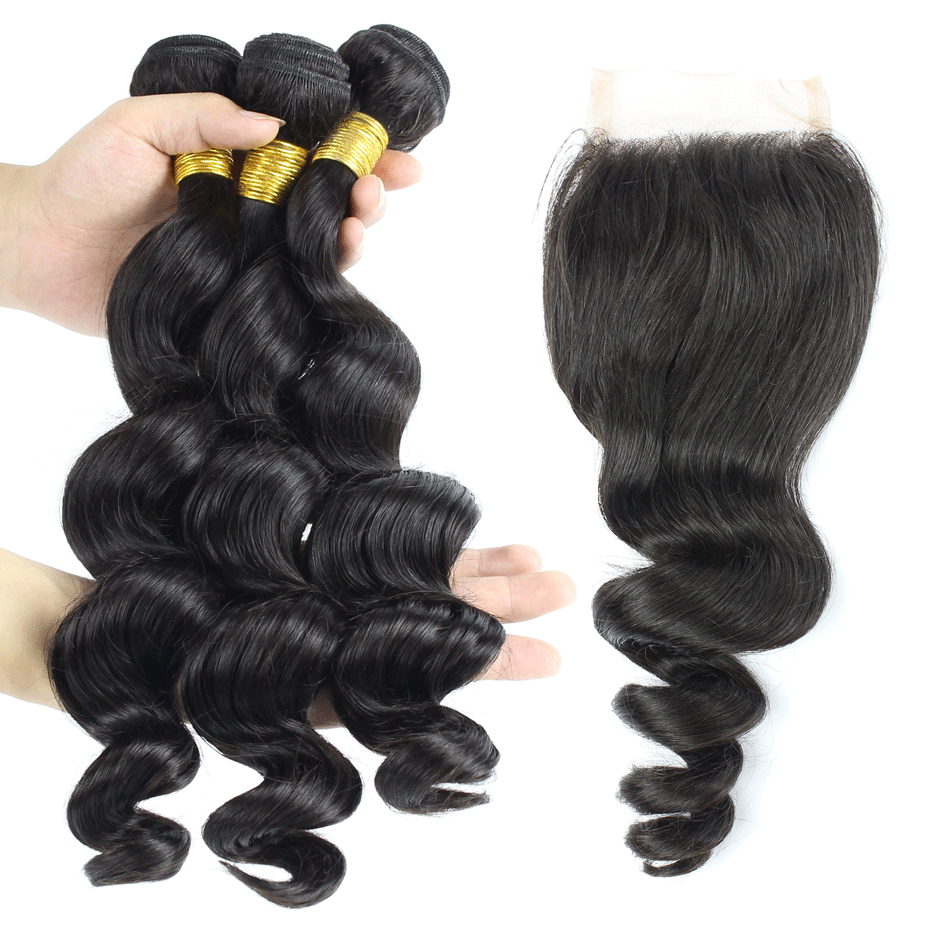 Silver Virgin Grade Peruvian Human Hair Weft With Closure Loose Wave Human Ha1ir Bundles With Lace Closure